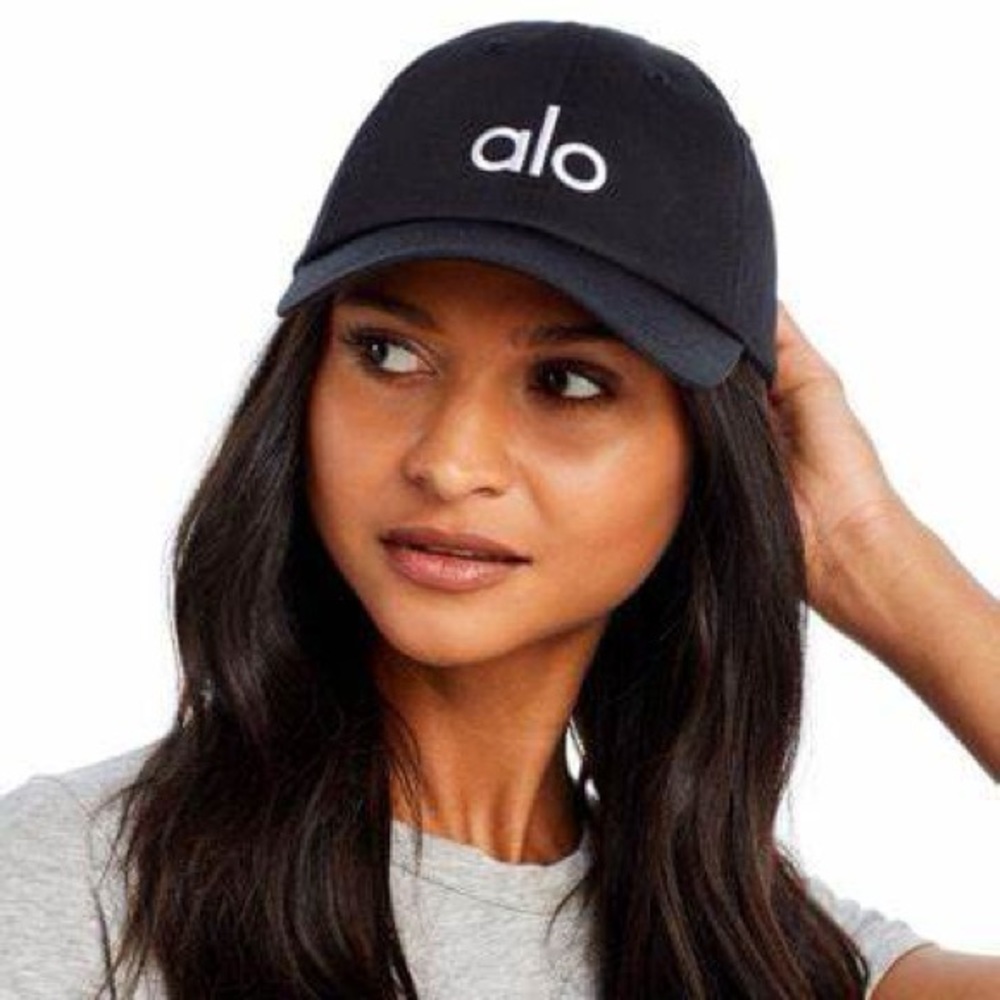Alo off duty black baseball cap with white lettering